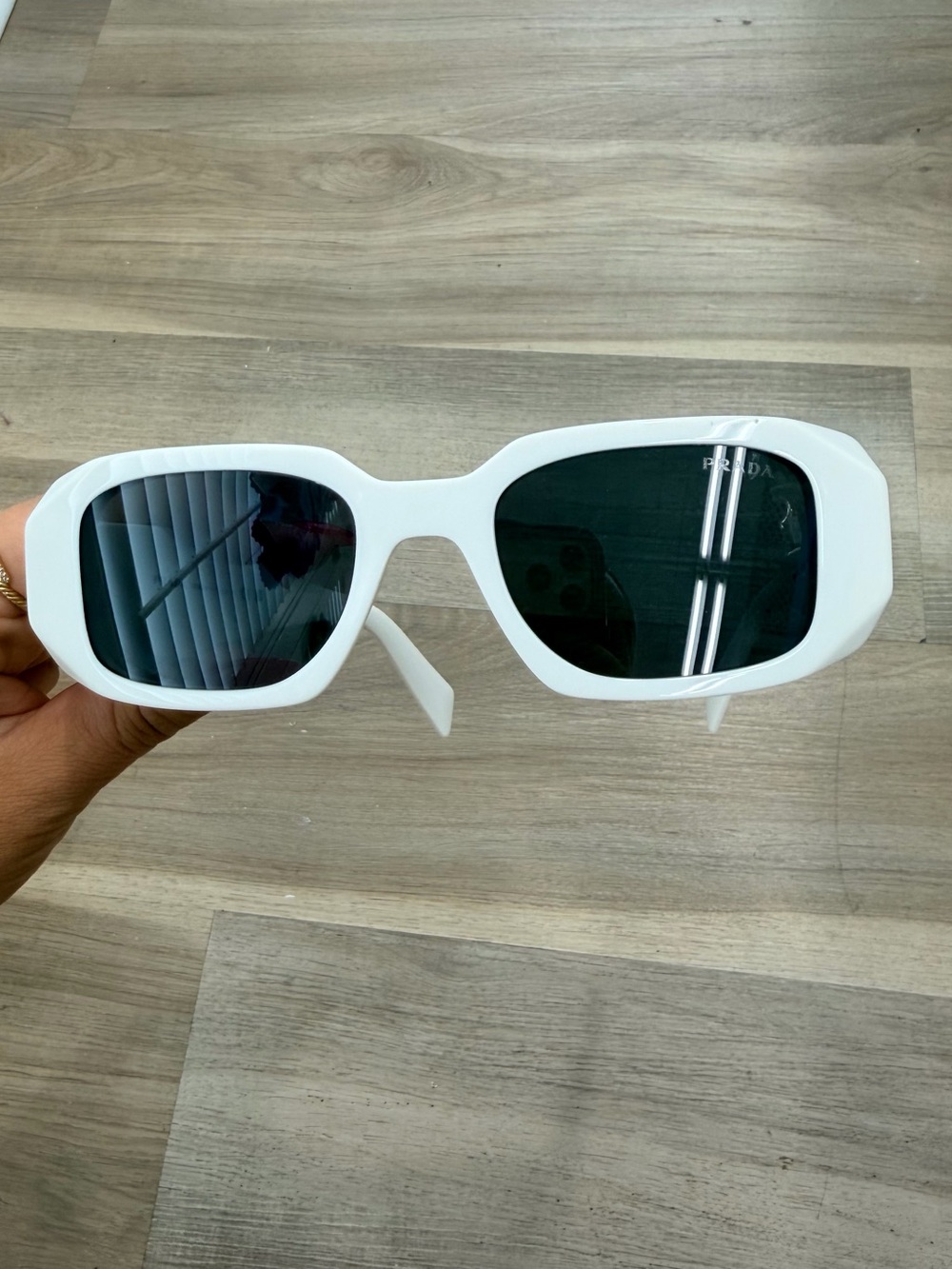 Prada White Rectangular Sunglasses with Dark Lenses